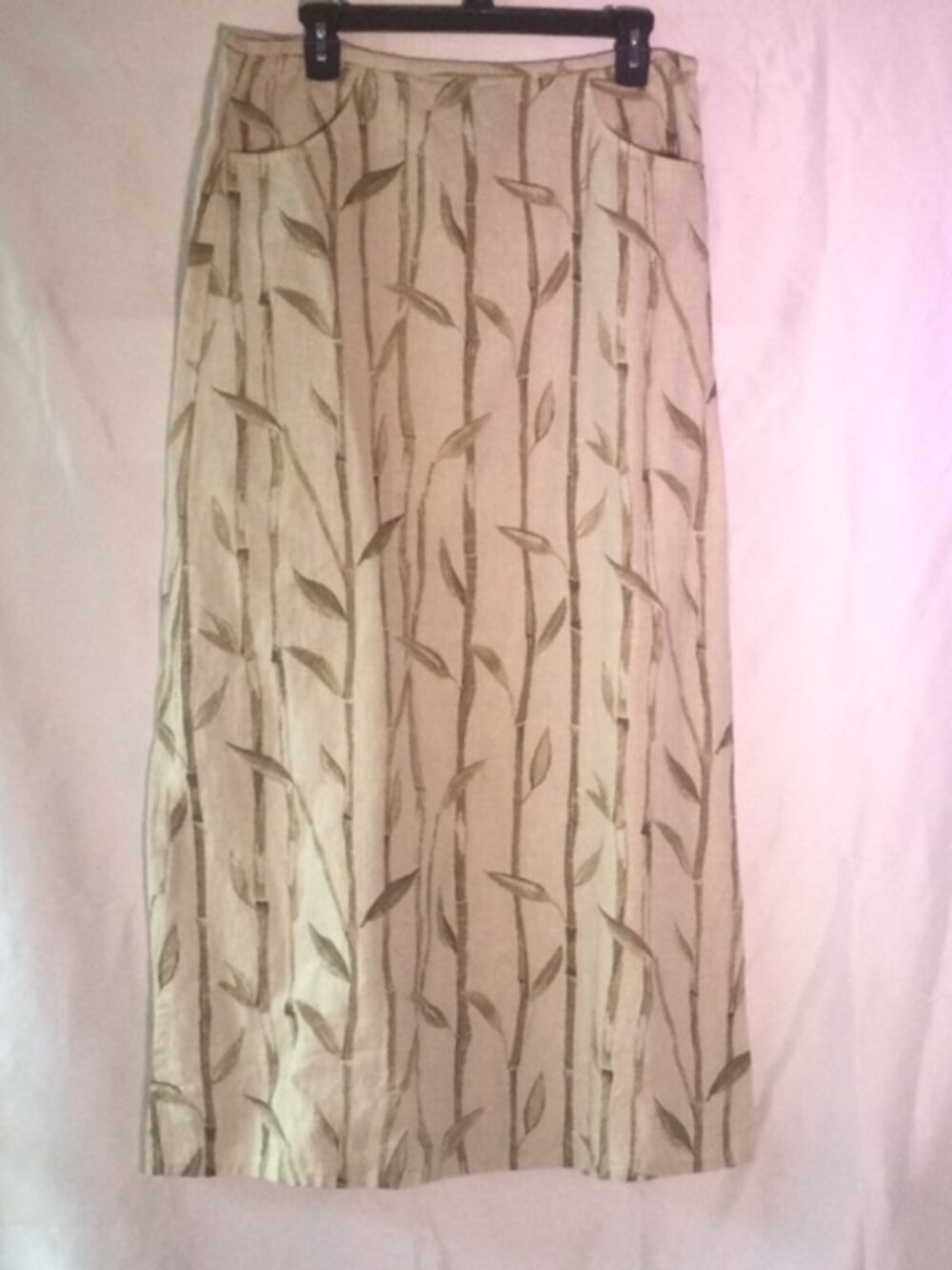 Liz Claiborne 100% Linen Maxi Skirt Medium Beige Olive Leaf Print Pockets